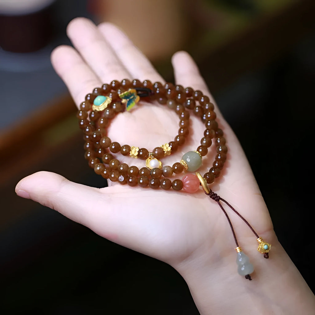 Brown jade and silver three-ring bracelet with butterfly gourd design for 14-16cm wrists