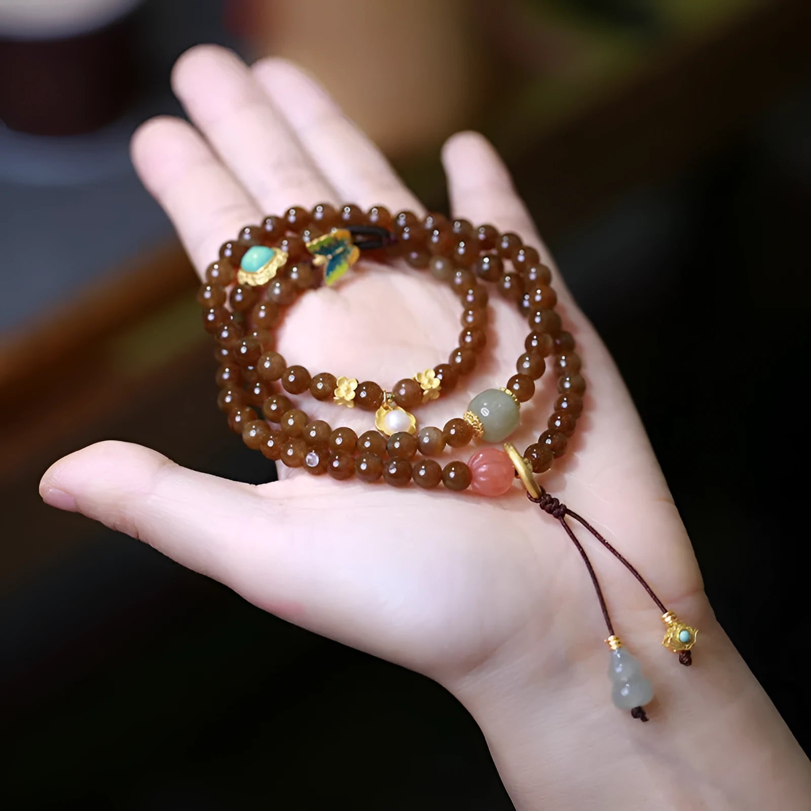 Brown jade and silver three-ring bracelet with butterfly gourd design for 14-16cm wrists