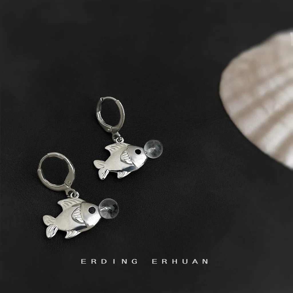 Pair of bubble fish earrings with goldfish design in electroplated copper