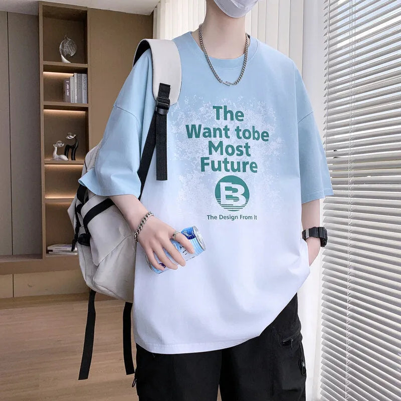 Dark blue youth t-shirt with printed text, showing drop-shoulder short sleeves