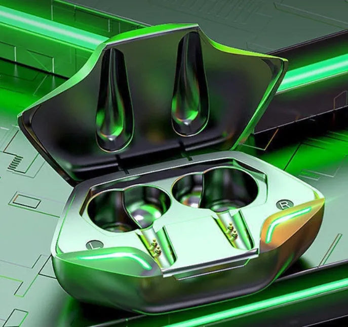 Wireless Bluetooth single-ear gaming headset with USB charging cabin in black, shown alongside spare caps.