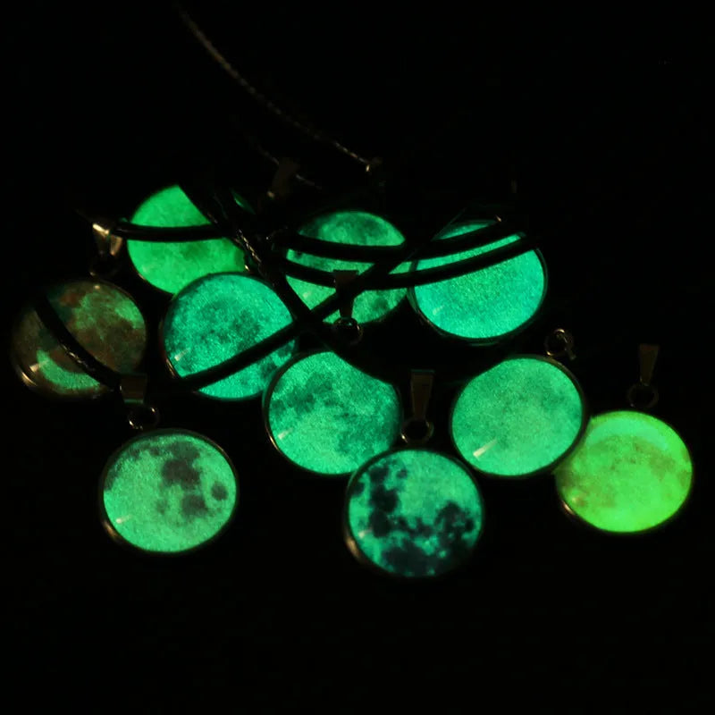Luminous glass and coloured glaze constellation pendant necklace on an alloy chain with extension.