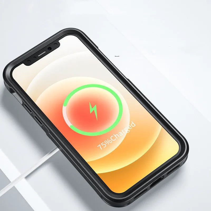 Black shatterproof magnetic phone case for iPhone 12 and 13 Pro models showing dimensions and material details
