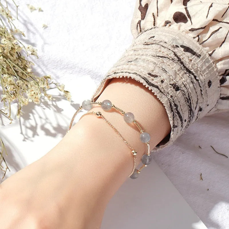 Double layer crystal bracelet with moonstone accents and electroplated copper finish in South Korean style