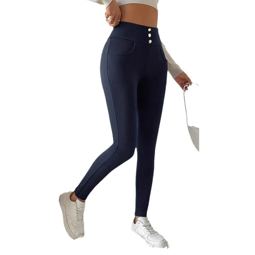 Women's navy blue high-waist straight leg casual trousers on hanger