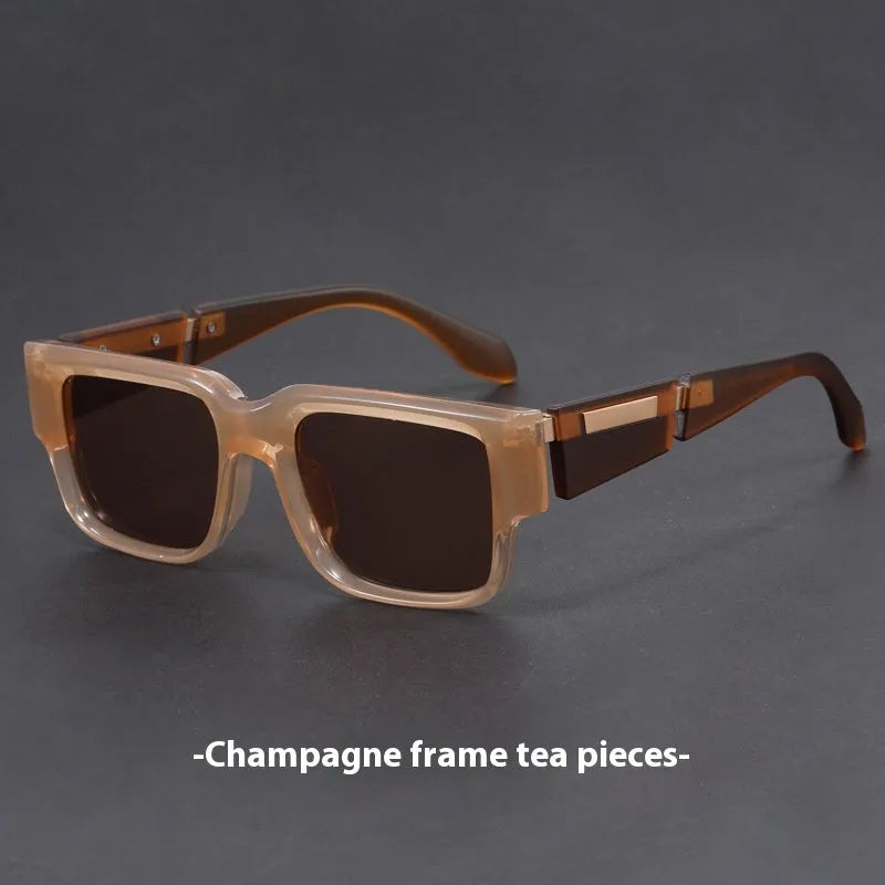 Gray blue square thick frame sunglasses with retro design and UV protection