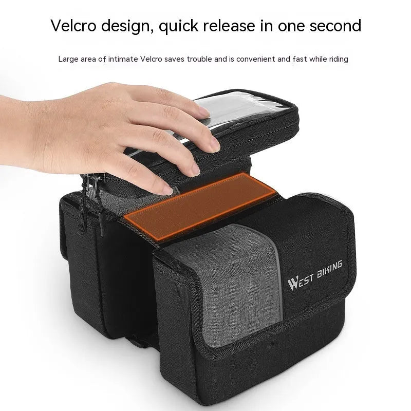 Black and grey Oxford cloth saddle bag with bilateral tube touch screen access and 2L capacity