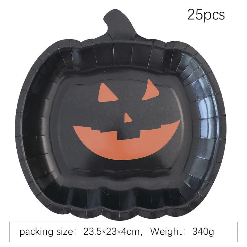 Black Halloween paper plates with pumpkin design measuring 9 inches diameter