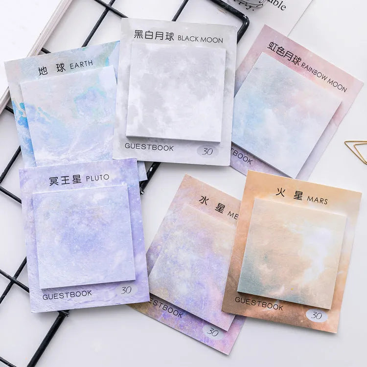 Square planet artwork sticky notes notepad showing 7.3cm dimensions and oil painting celestial designs