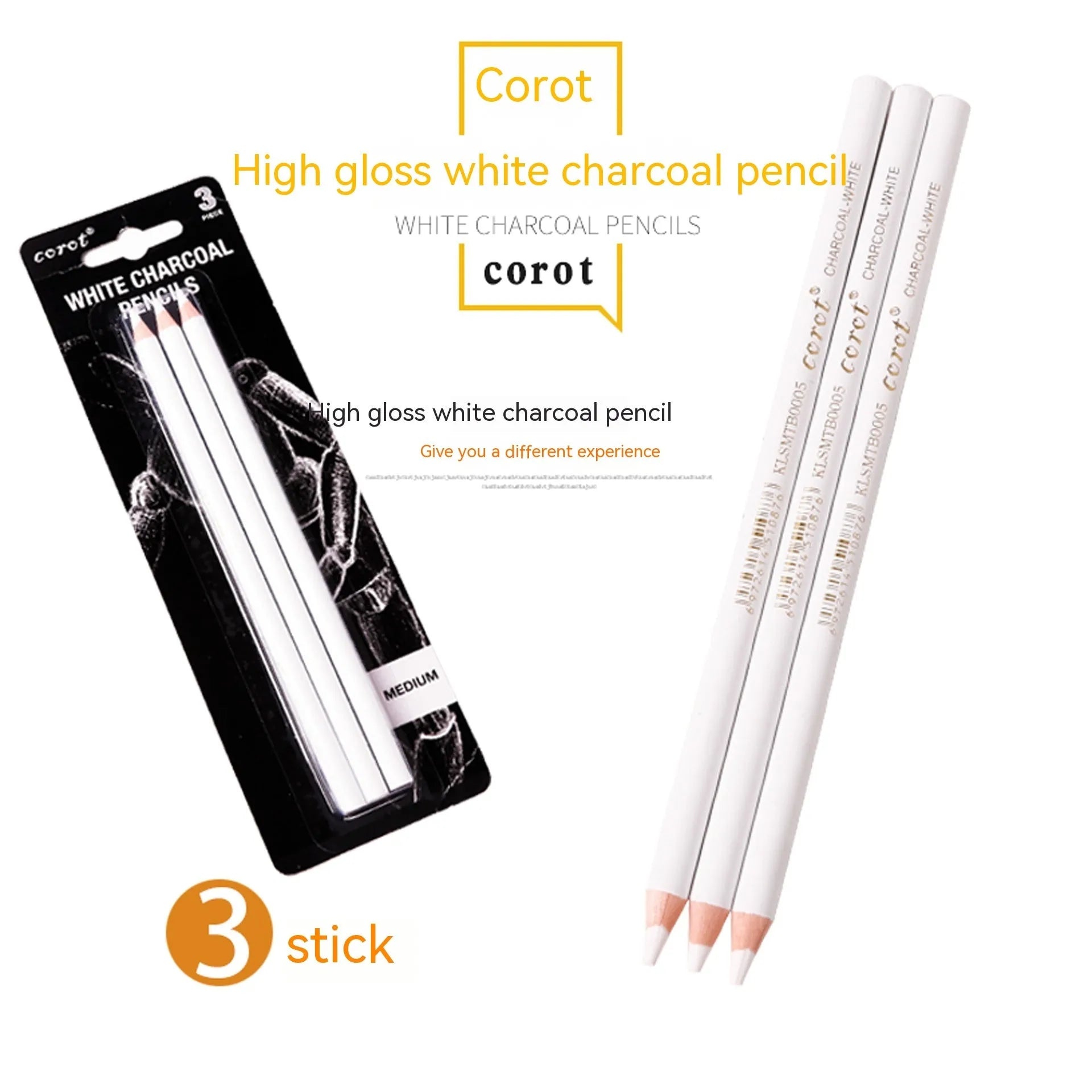 White charcoal highlighting pencils with wooden shells in 3-pack configuration