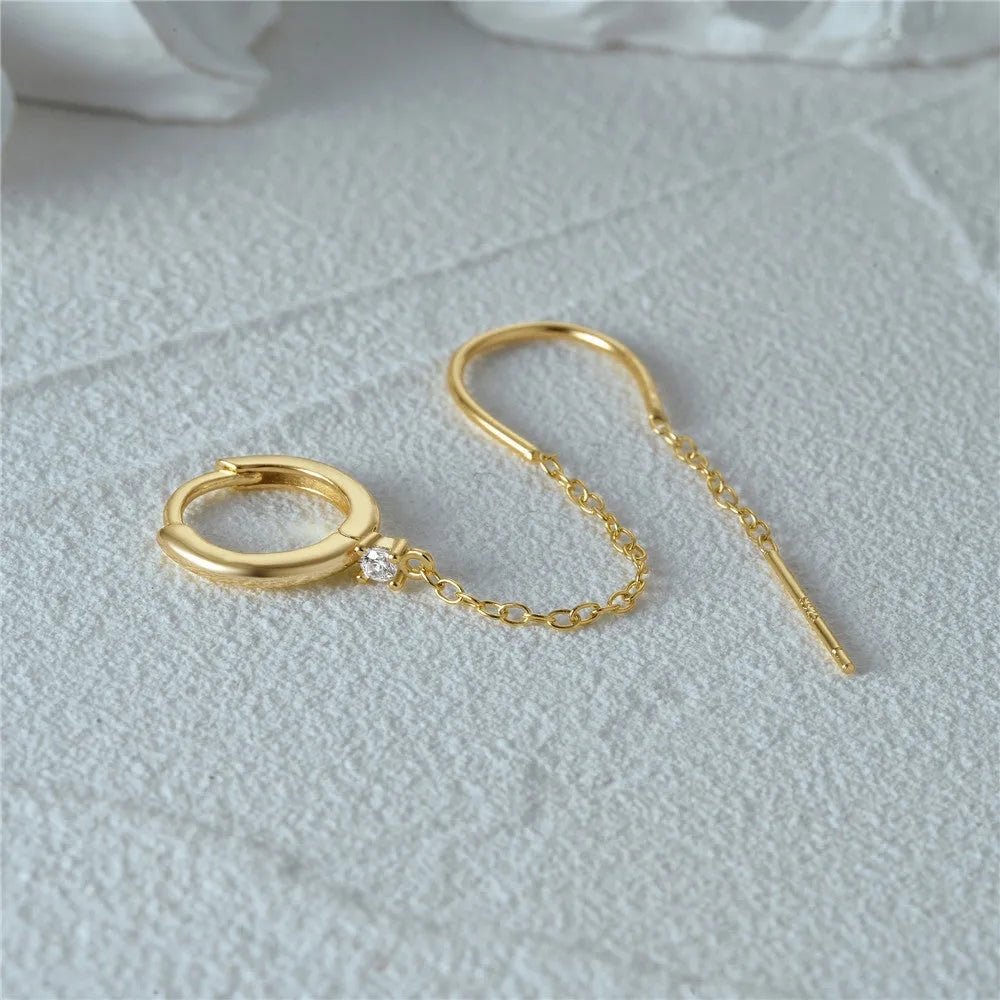 S925 sterling silver ear studs with diamond flower tassel chain design in electroplated golden colour