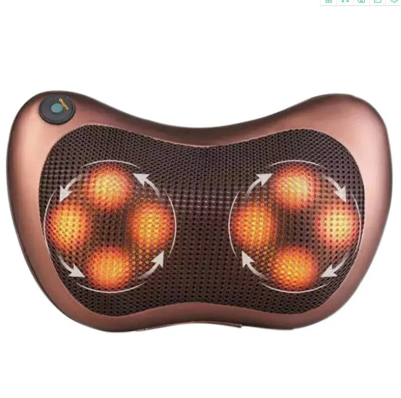 Brown genuine leather shoulder and neck massage pillow with eight vibration heads