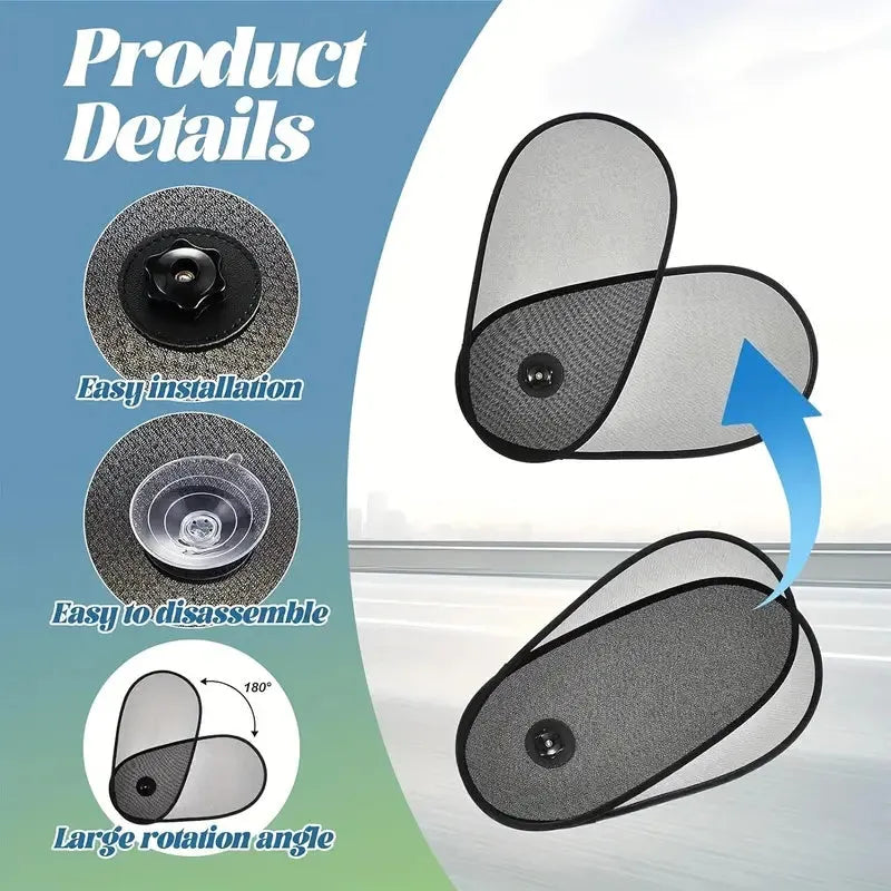 Black stretchy car side window sunshade for babies attached with suction cups.