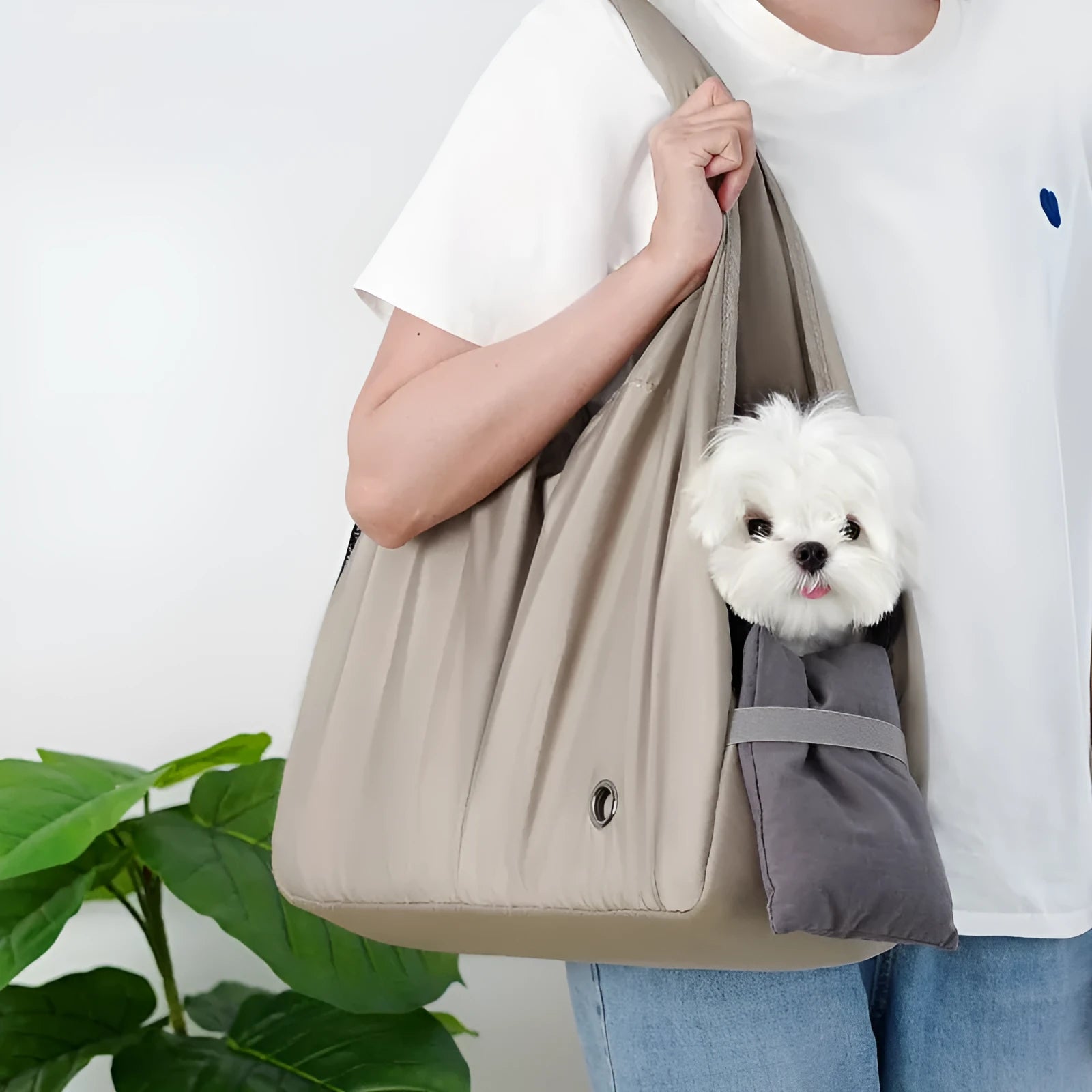 Apricot cloth pet carrier handbag showing dimensions and breathable construction