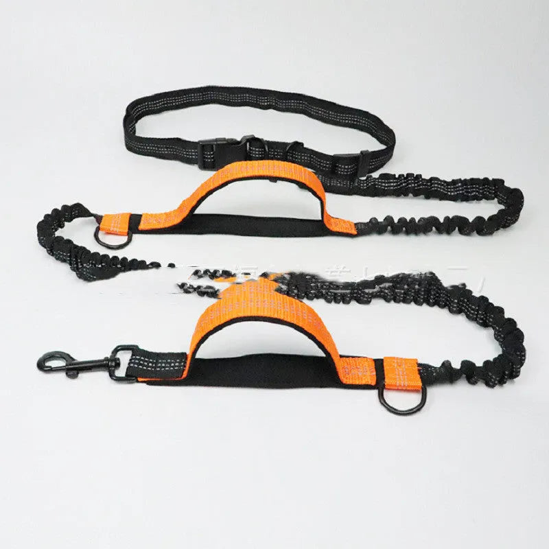 Adjustable dog running belt with retractable leash in blue orange or green colours