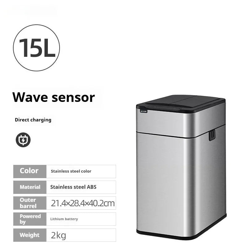 Stainless steel inductive smart trash can with square design and deodorant properties
