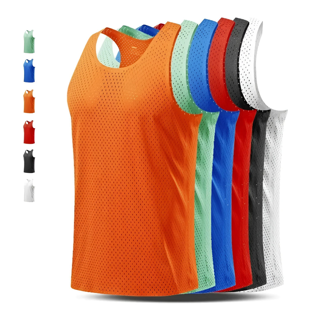 Men's solid colour sleeveless sports vest in quick-drying polyester fabric on a white background.