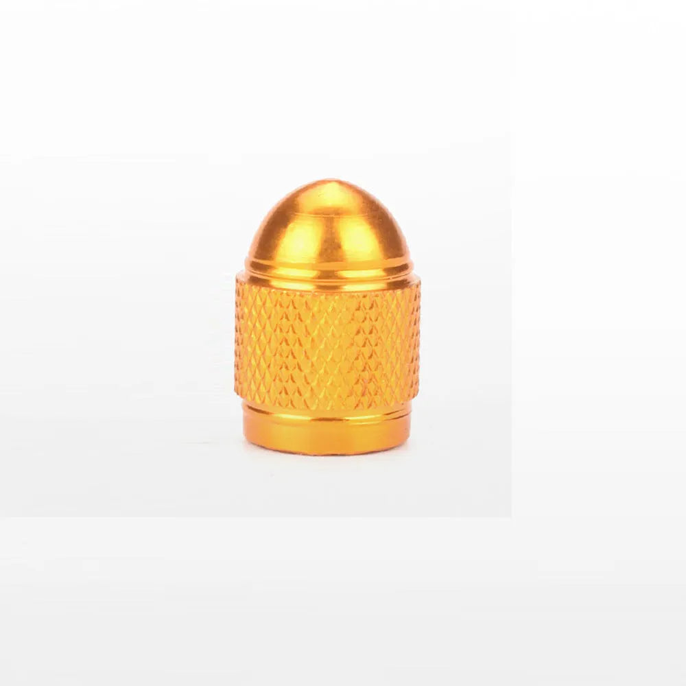Aluminium alloy mountain bike tyre valve dust cap in silver, gold, red, blue, and black colours.