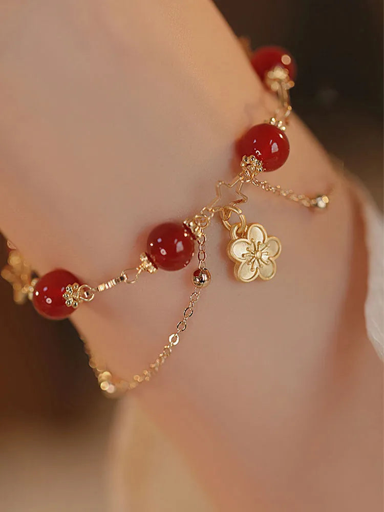 Red agate double layer bracelet with peach blossom design for women