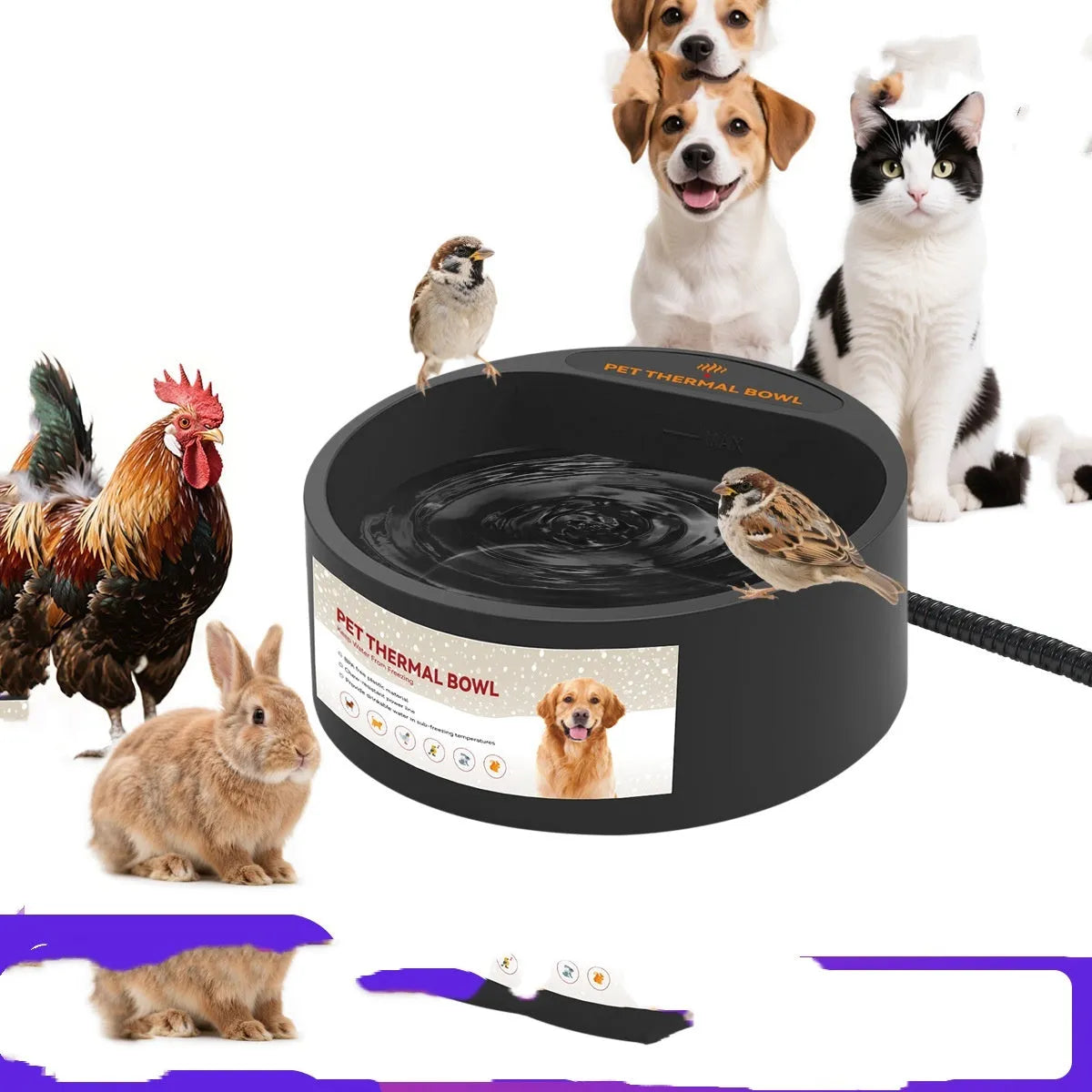 Black ABS plastic electric pet heating bowl with 2.2L capacity on a kitchen floor.