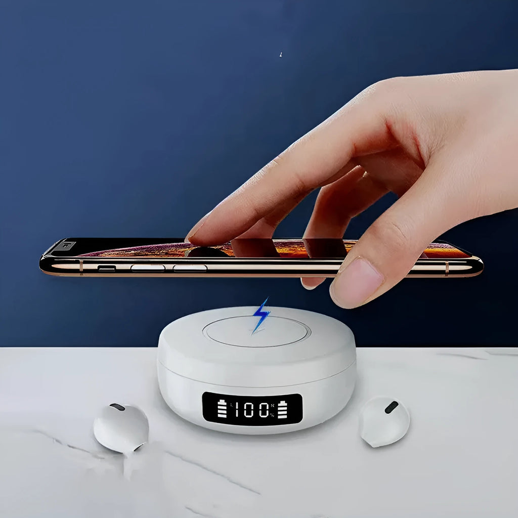 Mini semi-in-ear wireless headphones with a charging case in black, blue, and white colour options.