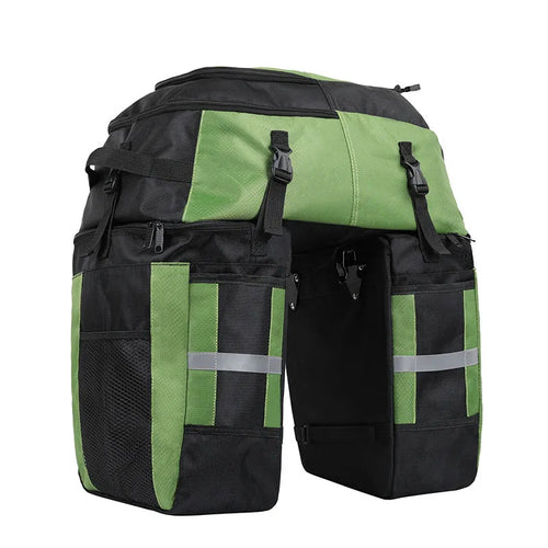 Green bicycle rear storage bag with 70 litre capacity mounted on a bike rack for touring.