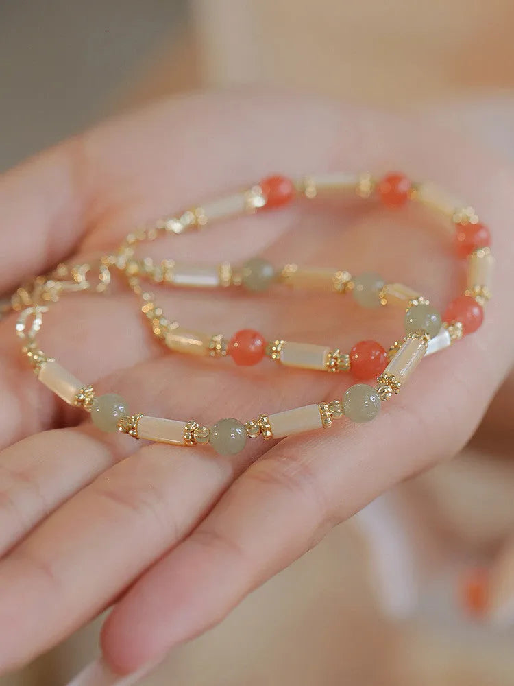 Women's bamboo knot bracelet with 6mm round beads in Hetian jade or South Red agate stone