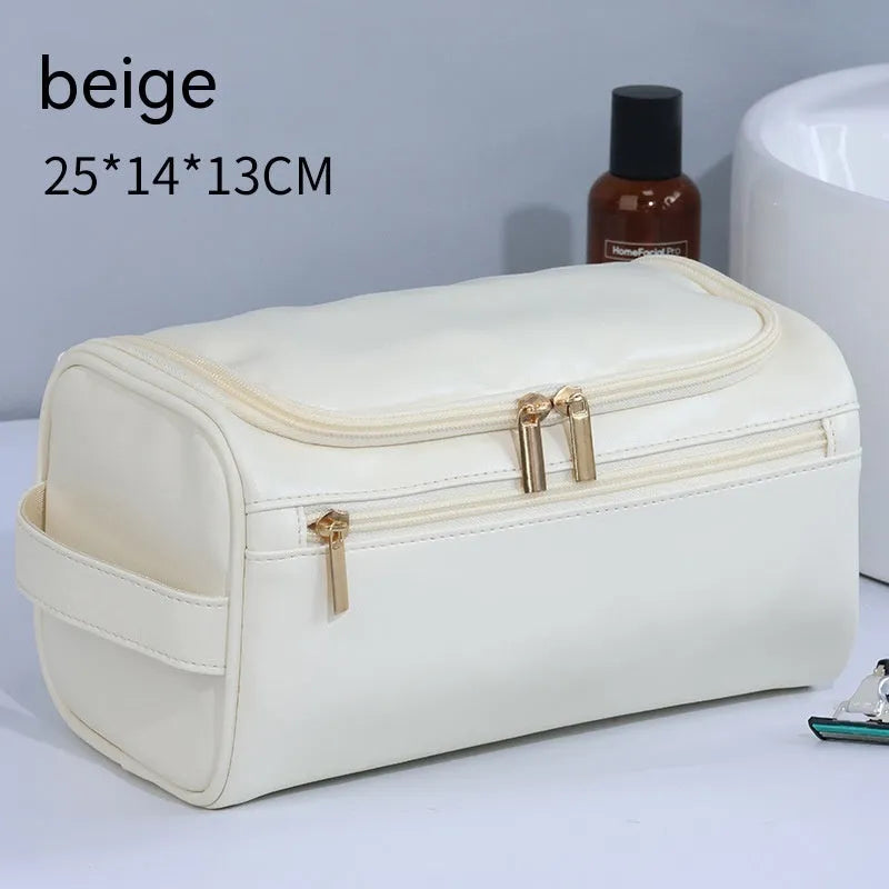 Large capacity men's waterproof cosmetic bag in upgraded high-grade PU brown colour with zip closure