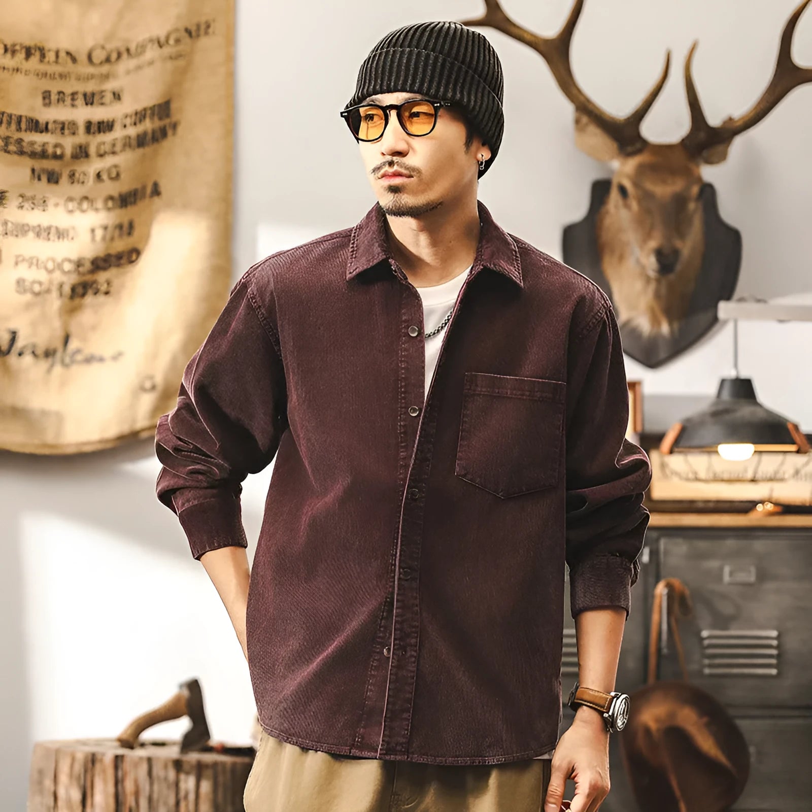 Men's black retro corduroy loose-fit casual shirt with long sleeves