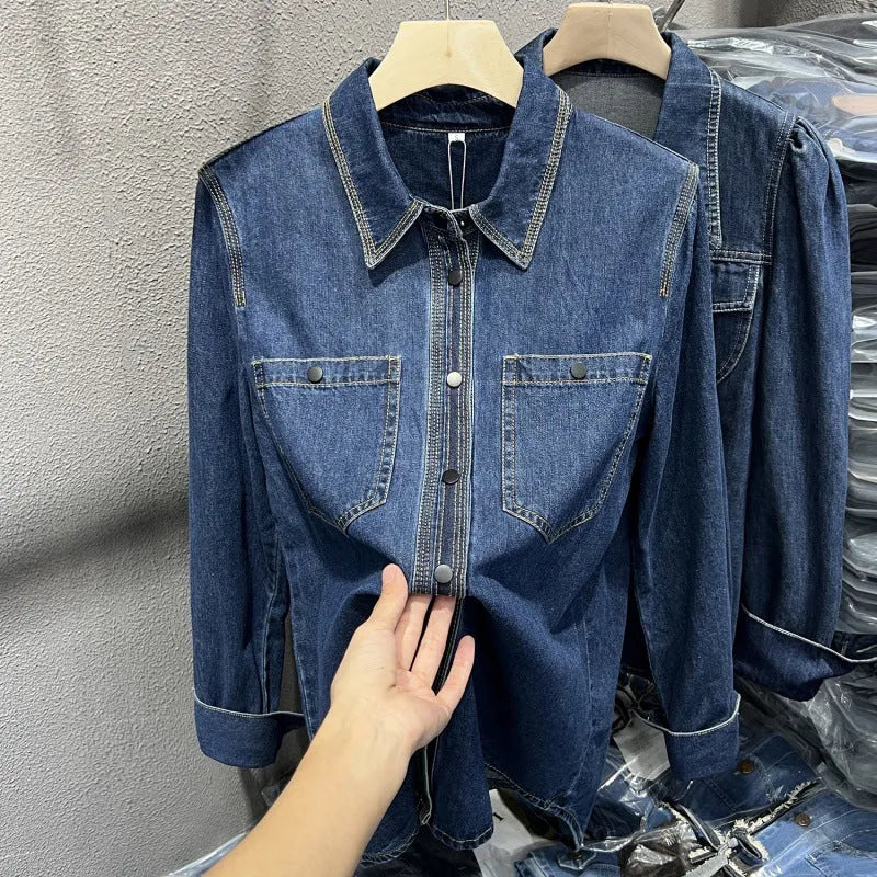 Layered retro denim-style long sleeve top for women in picture colour, polyester fabric, casual fashion top
