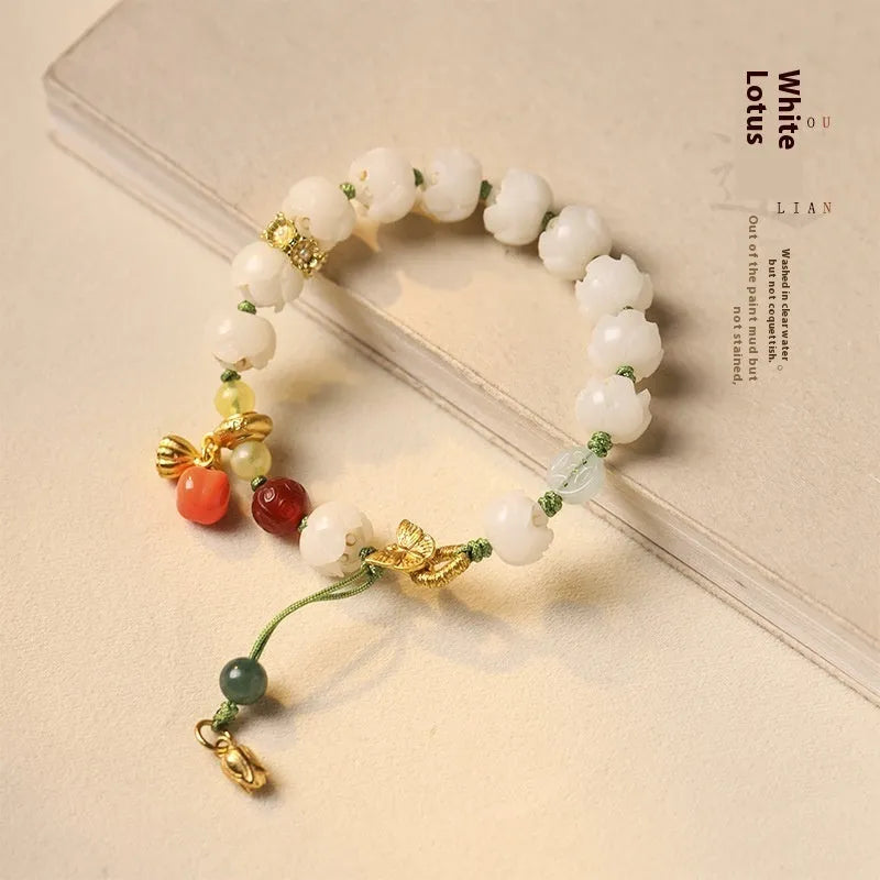 White jade Bodhi bracelet with hand-woven lotus and pumpkin beads on open rope design