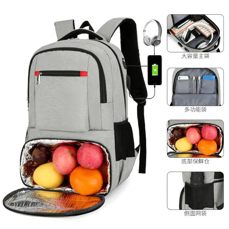 Light grey Oxford cloth insulated backpack with curved shoulder straps and top handle