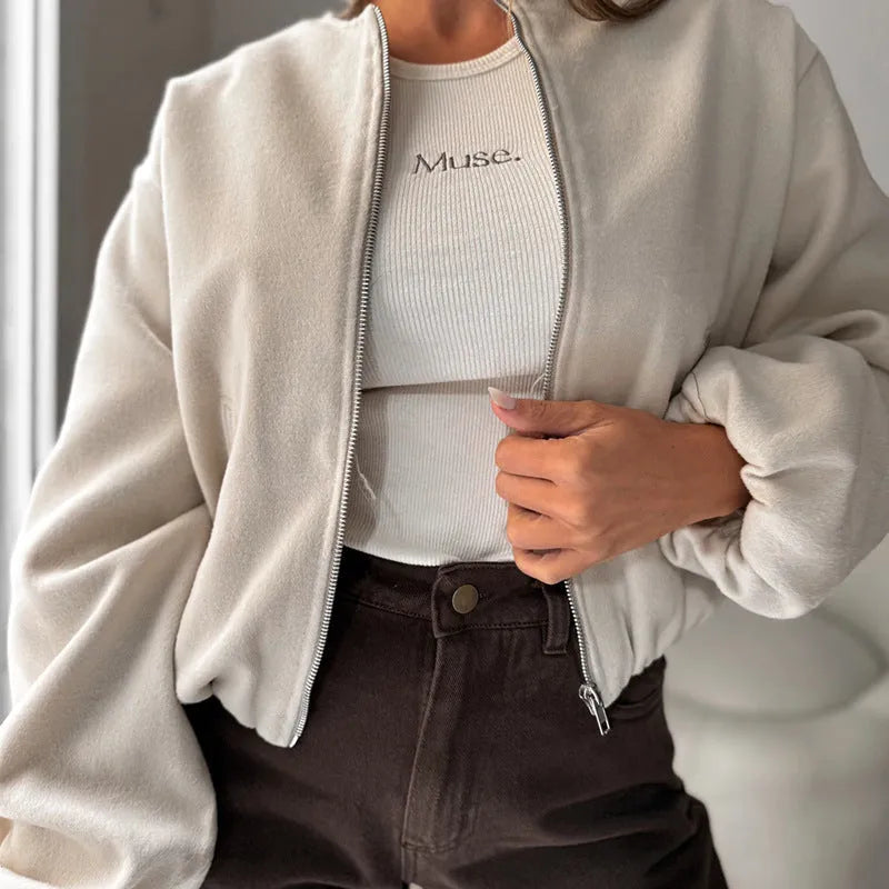 Women's brown loose fit off-shoulder short coat with full lantern sleeves and front pockets