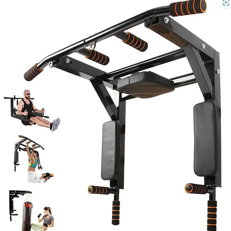 Black steel fitness rack with parallel bars and sandbag mounting points, dimensions 77cm wide