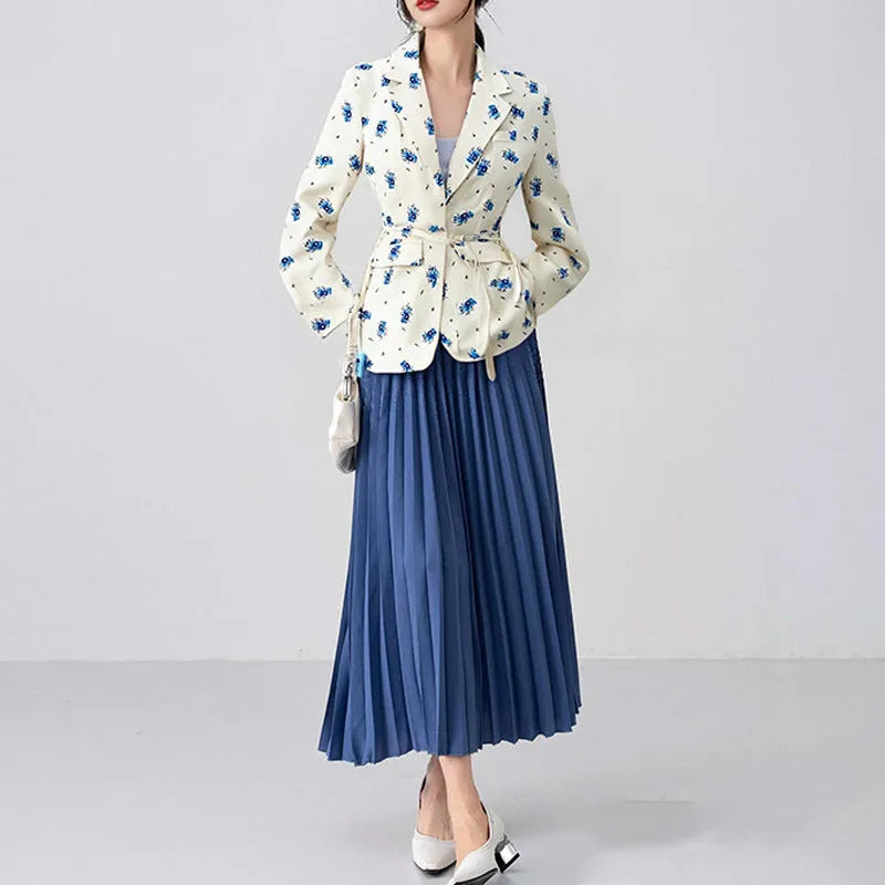Printed collar suit jacket with lace-up front detail in apricot, shown on a hanger.