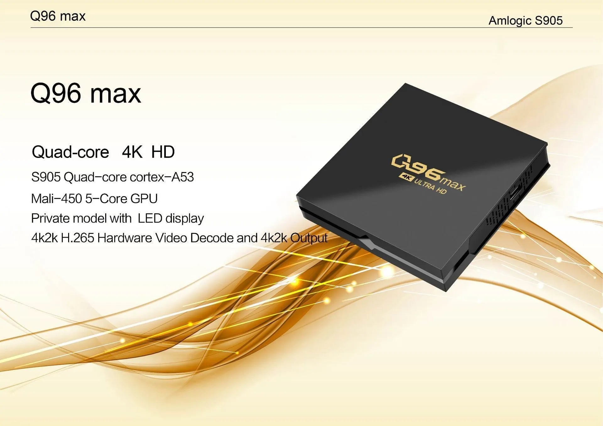 Q96 MAX S905 Android 4K TV Box set-top unit with remote control on a table.