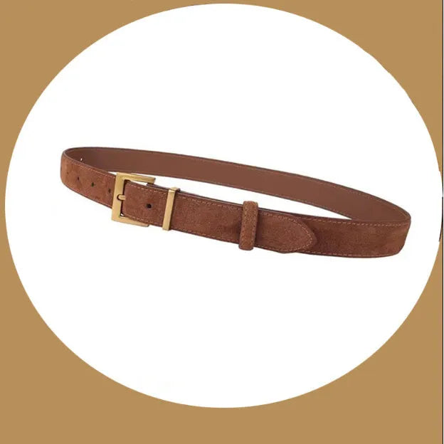 Ladies' brown leather pin buckle belt with a quadrilateral alloy buckle on a 100cm long strap.