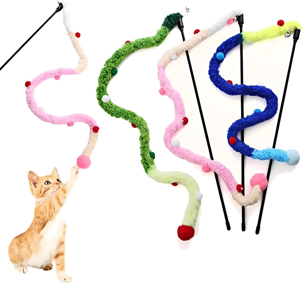 Blue cat wand toy with long plush strip and colourful feather balls attached, held upright.