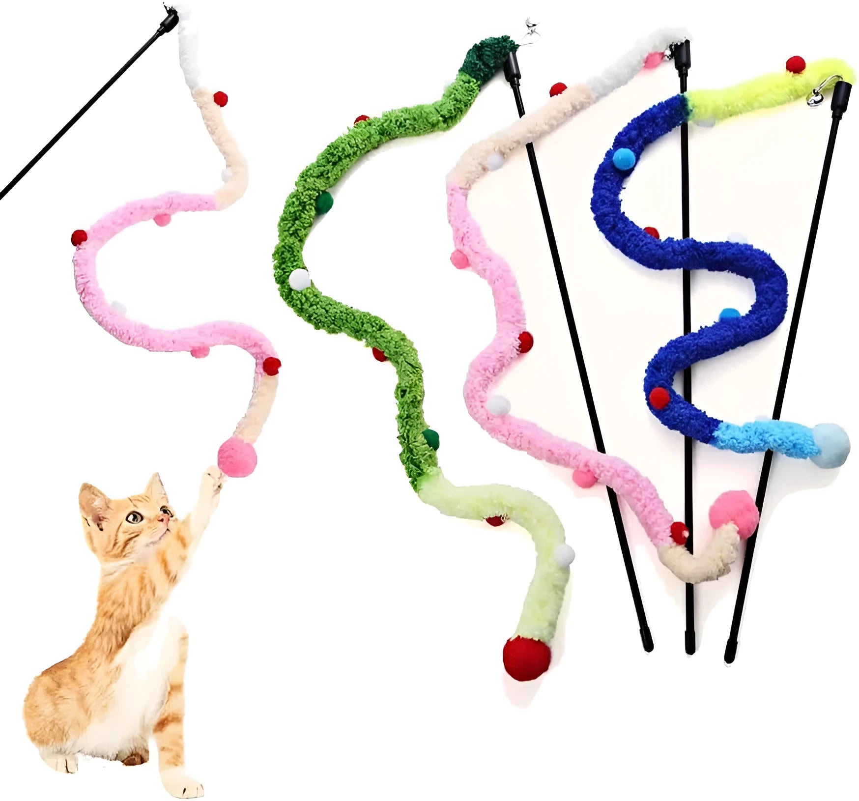 Blue cat wand toy with long plush strip and colourful feather balls attached, held upright.