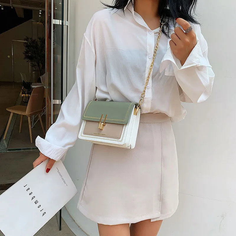 Women's wide strap crossbody bag in Matcha Green PU material with contrast colour details for leisure travel