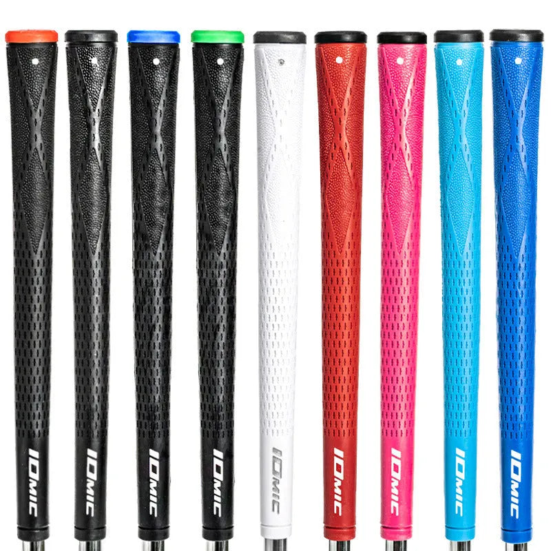 TPE golf club grip in various colours including pink, red, blue, white, and two-tone black with coloured head.
