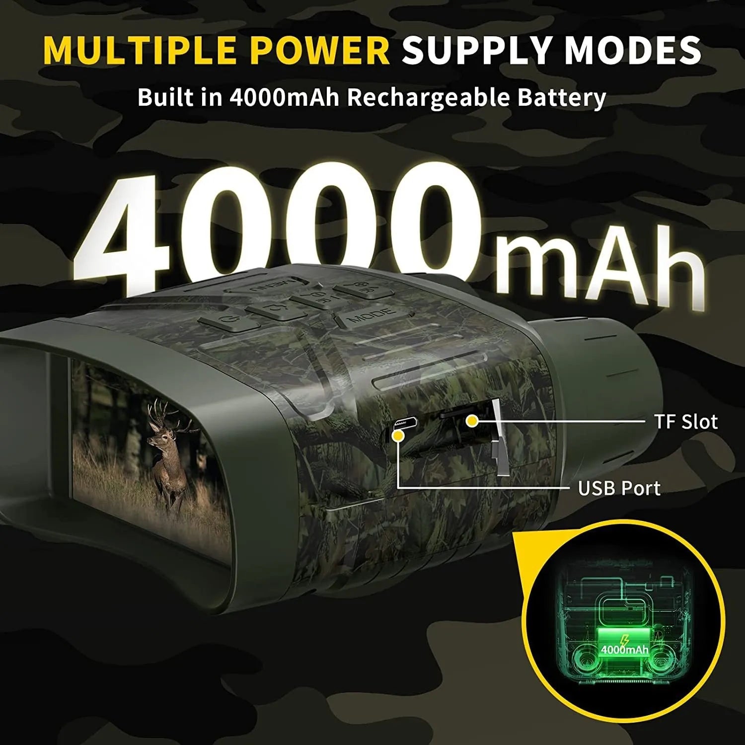 Black night vision instrument with lens and display screen showing 4K night vision capability.