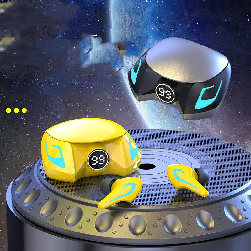 Black, grey, and yellow wireless in-ear Bluetooth gaming headsets with earplug-style design.