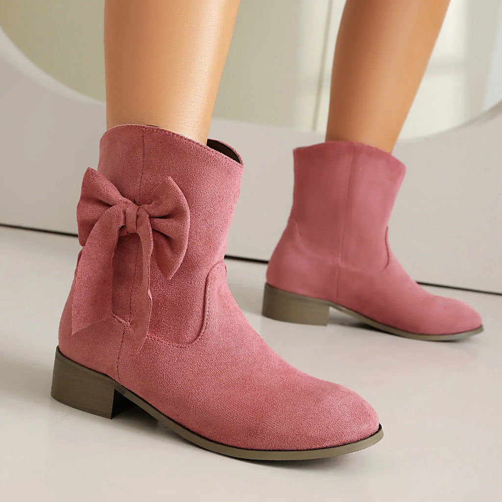 Low heel suede sweet bow casual boots for women, square toe, low tube, in burgundy with bow detail