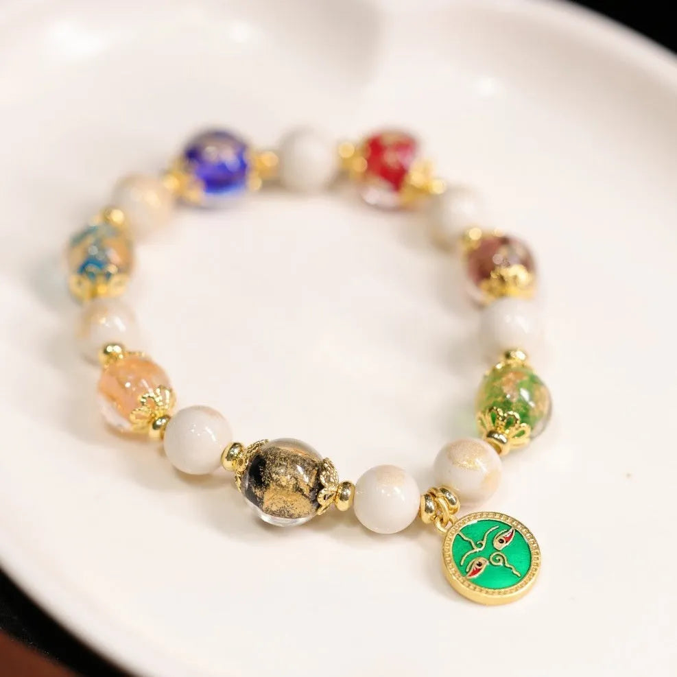 Handmade fragrant gray porcelain glaze bracelet with Five Gods of Wealth motif and geometric 10mm glass beads