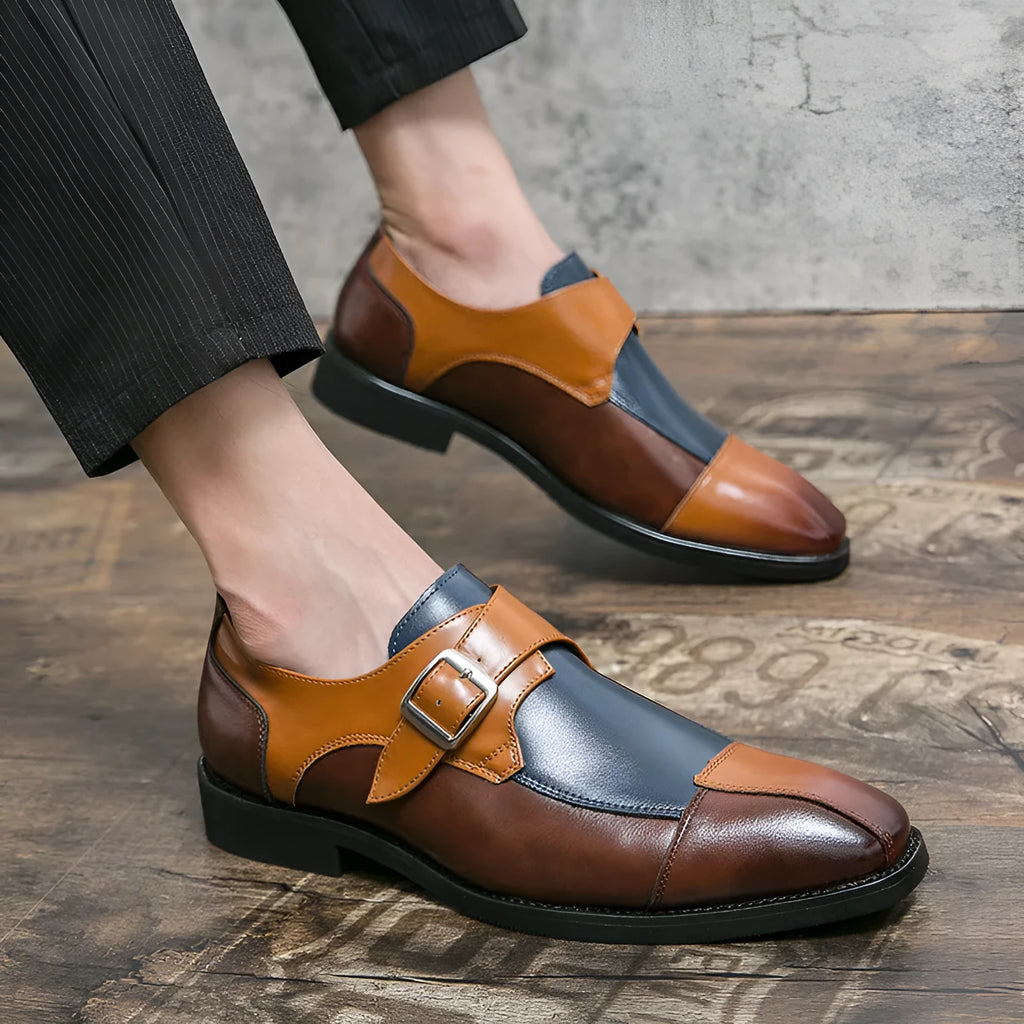 Men's brown blue retro casual leather shoes with buckle detail and tall crown height