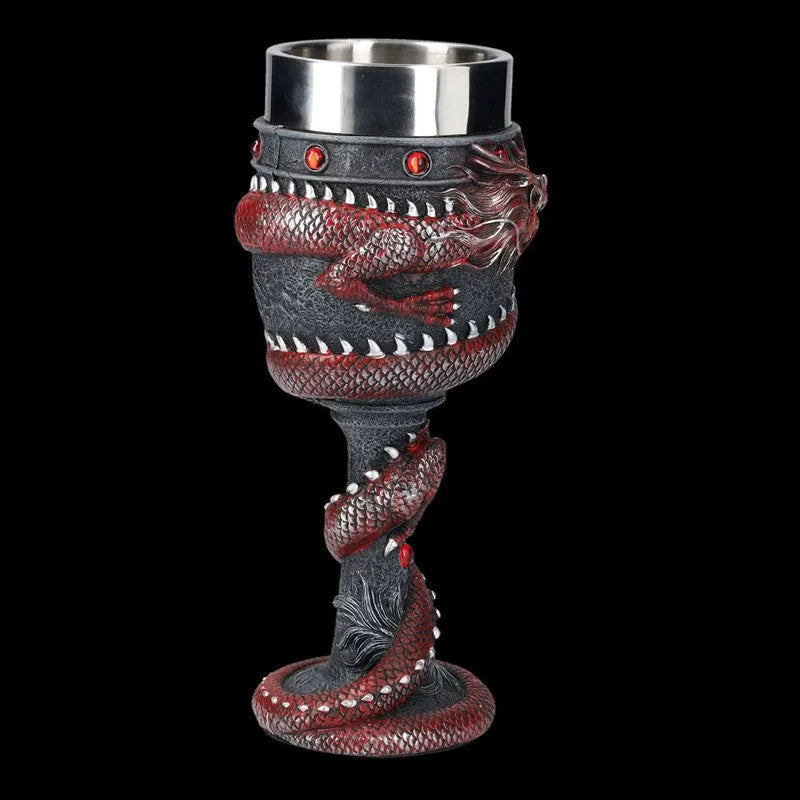 Red wine glass with a detailed gold Chinese dragon 3D design on a stainless steel and resin body.