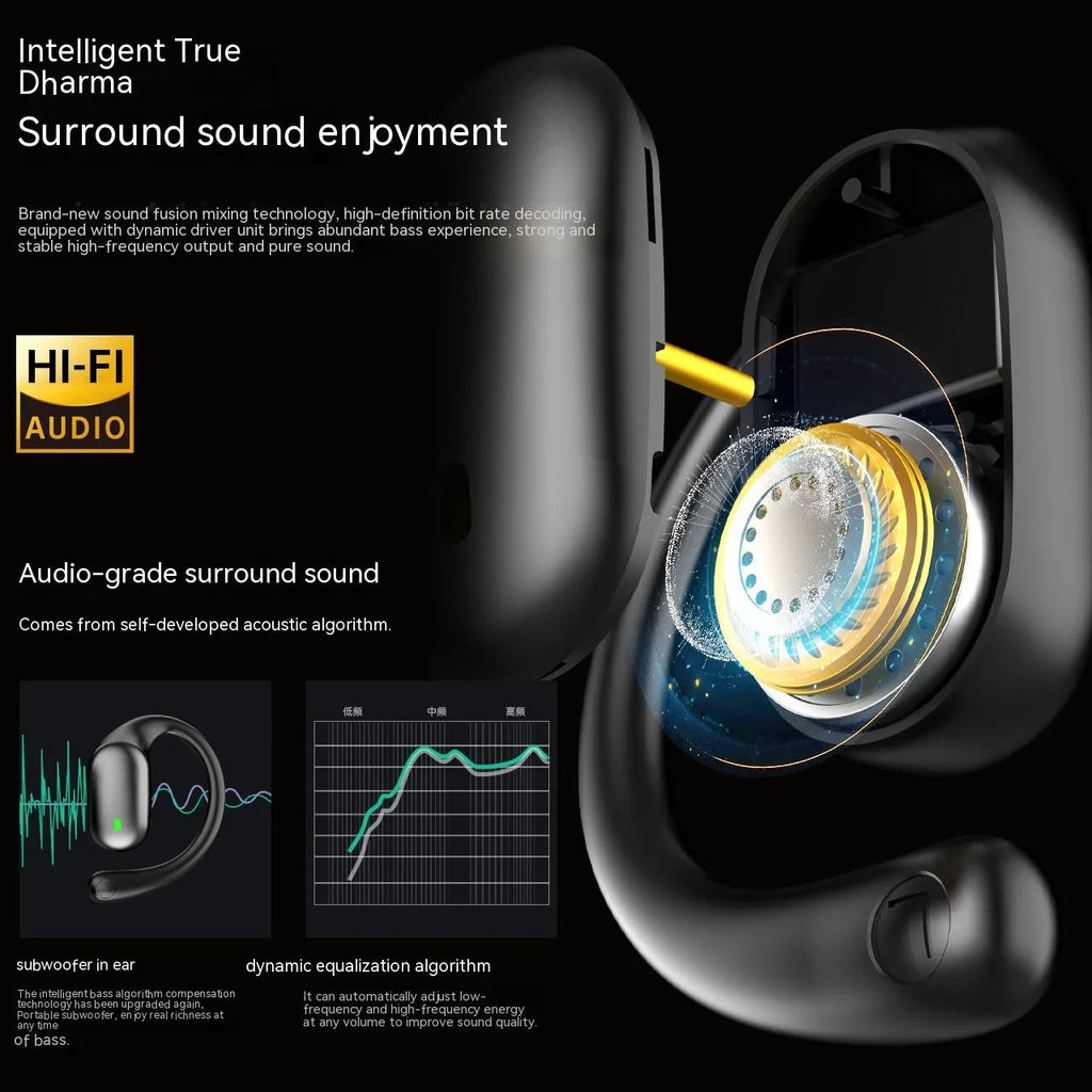 Bone conduction sports headset in black with ear hook design and digital battery display