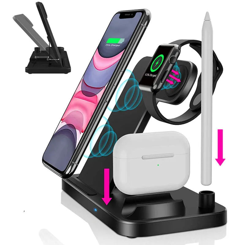 Folding 15W 4-in-1 wireless charger showing compact folded design and multiple device charging capability
