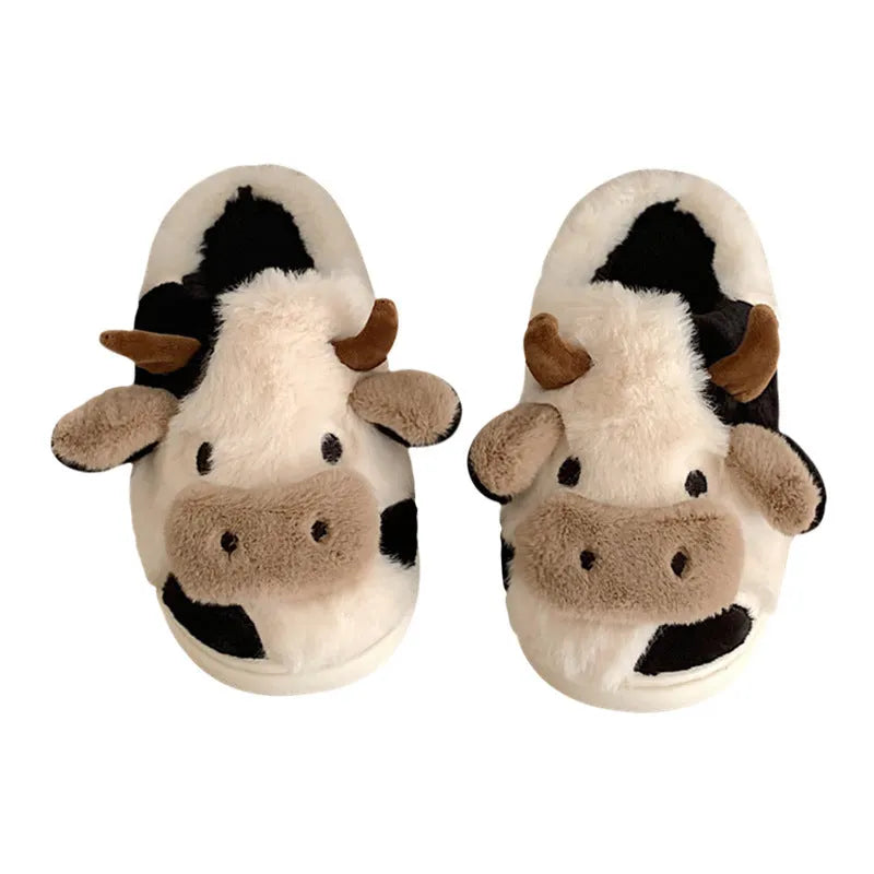 Women's white cow print faux fur slippers with anti-slip textured soles